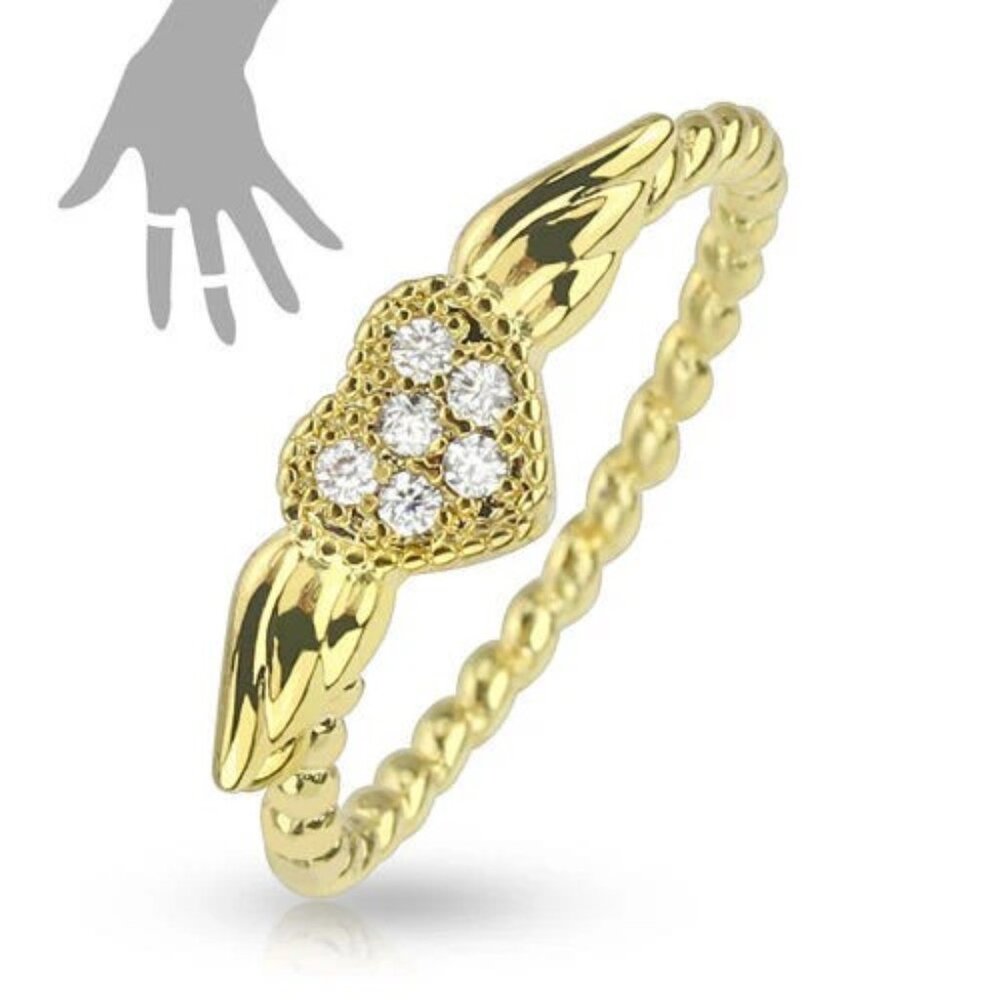 GOLD PLATED BRASS MULTI-PAVED GEMS HEART WITH WINGS MID-RING/TOE-RING